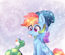Size: 1500x1264 | Tagged: safe, artist:jumblehorse, artist:pink-pone, rainbow dash, tank, pegasus, pony, tortoise, collaboration, catching snowflakes, chest fluff, chromatic aberration, colored pupils, cute, dashabetes, duo, earmuffs, eyes closed, female, hat, mare, snow, tankabetes, tongue out, wing fluff, winter