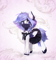 Size: 1500x1600 | Tagged: safe, artist:inowiseei, derpibooru import, oc, oc only, oc:alenaria, pegasus, pony, abstract background, clothes, commission, dress, ear fluff, female, looking at you, maid, mare, raised leg, shirt, shoes, smiling, solo, stockings, thigh highs, two toned wings, wings