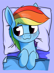 Size: 1018x1371 | Tagged: safe, artist:dacaoo, derpibooru import, rainbow dash, pegasus, pony, bed, blanket, blushing, cheek fluff, cute, dashabetes, female, leg fluff, lying on bed, mare, on back, pillow, solo