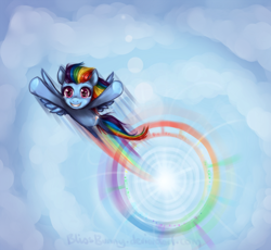 Size: 1200x1103 | Tagged: safe, artist:felynea, derpibooru import, rainbow dash, pegasus, pony, female, flying, mare, sky, smiling, solo, sonic rainboom