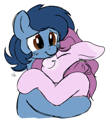 Size: 655x738 | Tagged: safe, artist:teabucket, oc, oc only, oc:huckleberry bleu, oc:mulberry tart, earth pony, pony, unicorn, bleuberry, female, hug, male, mare, oc x oc, shipping, snuggling, stallion, straight