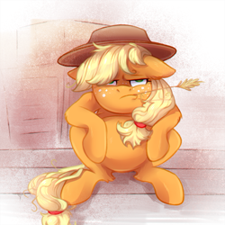 Size: 1200x1200 | Tagged: safe, artist:jumblehorse, artist:v747, applejack, earth pony, pony, collaboration, cowboy hat, female, hat, mare, slav squat, solo, stetson, straw in mouth