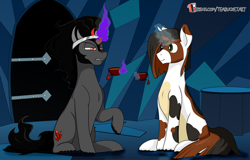 Size: 1562x998 | Tagged: safe, artist:teabucket, king sombra, oc, oc:sammy, unicorn, annoyed, cup, food, male, monochrome, patreon, patreon logo, stallion, tea, teacup