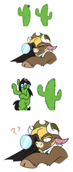 Size: 761x1793 | Tagged: safe, artist:redxbacon, derpibooru import, oc, oc only, oc:prickly pears, bull, cow, cactus, cloven hooves, comic, confused, flower, flower in hair, glasses, hat, horns, simple background, sniper, white background