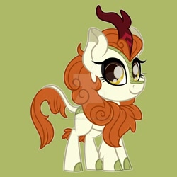 Size: 1600x1600 | Tagged: safe, artist:missmele-madness, derpibooru import, autumn blaze, kirin, chibi, deviantart watermark, green background, obtrusive watermark, simple background, solo, watermark