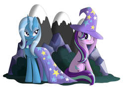 Size: 3912x2840 | Tagged: safe, artist:omnisimon11, derpibooru import, starlight glimmer, trixie, pony, unicorn, accessory swap, clothes, female, hat, lesbian, lidded eyes, shipping, simple background, smiling, startrix, transparent background, trixie's hat