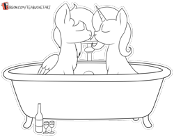 Size: 1130x889 | Tagged: safe, artist:teabucket, trixie, oc, oc:manupone, pegasus, unicorn, bath, bathtub, claw foot bathtub, eyes closed, female, glass, male, mare, patreon, patreon logo, simple background, stallion, transparent background, wine bottle, wine glass