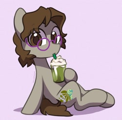 Size: 1902x1869 | Tagged: safe, artist:dawnfire, derpibooru import, part of a set, oc, oc only, oc:dank nugs, earth pony, pony, commission, cup, drink, drinking straw, food, glasses, sitting, solo, straw, whipped cream