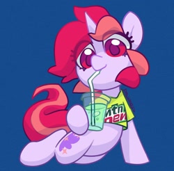 Size: 1902x1869 | Tagged: safe, artist:dawnfire, derpibooru import, part of a set, oc, oc only, oc:dawnfire, pony, unicorn, bendy straw, clothes, cup, drinking, drinking straw, eye clipping through hair, female, looking at you, lying down, mare, mountain dew, shirt, solo, straw