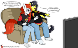 Size: 1311x808 | Tagged: safe, artist:teabucket, oc, oc only, oc:reia hope, oc:starbreeze, anthro, cow, cow pony, earth pony, football, glasses, simple background, sofa, sports, television, transparent background