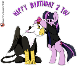 Size: 1293x1105 | Tagged: safe, artist:teabucket, oc, oc only, oc:halvar blacktalon, oc:twolight, griffon, unicorn, bipedal, birthday, cupcake, food, simple background, transparent background