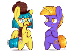 Size: 2480x1748 | Tagged: safe, artist:dsp2003, part of a set, oc, oc only, oc:ginger ale, oc:shibari, earth pony, pegasus, pony, 2016, blushing, bubble, chibi, clothes, detective, ear piercing, earring, female, frown, jewelry, lifeloser-ish, male, nervous grin, piercing, pipe, scarf, simple background, soap bubble, style emulation, transparent background