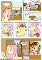 Size: 955x1350 | Tagged: safe, artist:teabucket, fluttershy, oc, oc:butternut squash, earth pony, pegasus, pony, comic, earth pony oc, eating, food, hat, soup