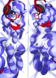 Size: 3000x4218 | Tagged: safe, artist:scarlet-spectrum, derpibooru import, oc, oc only, oc:cinnabyte, earth pony, pony, bandana, bed room eyes, body pillow, clothes, female, gaming headset, glasses, headset, mare, smiling, socks, solo, striped socks