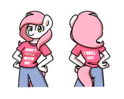 Size: 2560x2048 | Tagged: safe, artist:sugar morning, derpibooru import, oc, oc only, oc:sugar morning, anthro, clothes, dreamworks face, female, mare, meme, pants, shirt, simple background, solo, standing, text, transparent background