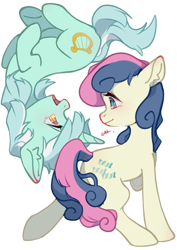 Size: 2480x3508 | Tagged: safe, artist:小huhu狸君呀, derpibooru import, bon bon, lyra heartstrings, sweetie drops, earth pony, unicorn, blushing, eye contact, female, lesbian, looking at each other, looking at you, lyrabon, mare, open mouth, open smile, shipping, simple background, smiling, smiling at you, upside down, white background