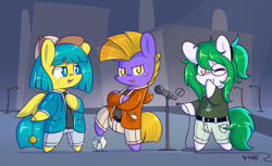 Size: 4670x2852 | Tagged: safe, artist:dsp2003, part of a set, oc, oc only, oc:burgunzik, oc:ginger ale, oc:shibari, earth pony, pegasus, pony, 2016, absurd resolution, bipedal, chibi, clothes, female, glasses, grin, lifeloser-ish, lottery, male, microphone, open mouth, pointy ponies, prank, smiling, style emulation