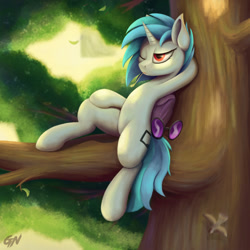 Size: 1500x1500 | Tagged: safe, artist:foxpit, derpibooru import, dj pon-3, vinyl scratch, bird, pony, unicorn, female, leaves, mare, red eyes, sitting, solo, straw in mouth, tree, tree branch