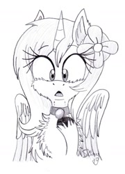 Size: 1262x1751 | Tagged: safe, artist:shinycyan, derpibooru import, oc, oc only, oc:loliloop, pegasus, pony, chest fluff, collar, cute, fake horn, female, fluffy, grayscale, mare, monochrome, pegasus oc, solo, surprised, unshorn fetlocks, wings