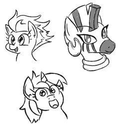 Size: 684x710 | Tagged: safe, artist:jargon scott, derpibooru import, lyra heartstrings, spitfire, zecora, pegasus, pony, unicorn, zebra, bust, female, grayscale, mare, monochrome, simple background, white background