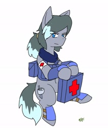 Size: 1734x2048 | Tagged: safe, artist:omegapony16, derpibooru import, oc, oc only, oc:oriponi, earth pony, pony, armor, backpack, clothes, earth pony oc, female, mare, medic, red cross, scarf, signature, simple background, smiling, solo, white background