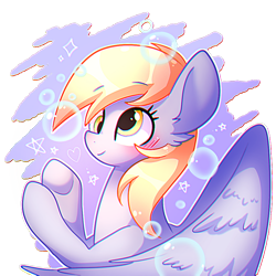 Size: 800x800 | Tagged: safe, artist:dddreamdraw, derpibooru import, derpy hooves, pegasus, pony, blushing, bubble, bust, cute, derpabetes, ear fluff, female, heart, mare, partial background, simple background, solo, spread wings, stars, transparent background, wings