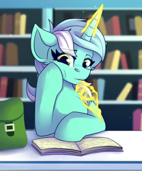 Size: 1250x1500 | Tagged: safe, artist:shadowreindeer, derpibooru import, lyra heartstrings, pony, unicorn, bag, book, bookshelf, female, hand, magic, magic hands, mare, reading, saddle bag, solo