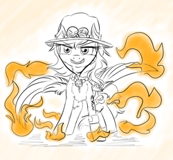 Size: 2000x1849 | Tagged: safe, artist:shinycyan, derpibooru import, oc, oc:shinycyan, pegasus, clothes, confident, cosplay, costume, crossplay, digital art, fire, food, hat, one piece, orange, pirate, portgas d ace, smiley face, solo, tattoo