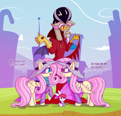 Size: 2340x2235 | Tagged: safe, artist:dsp2003, angel bunny, discord, fluttershy, pegasus, pony, dungeons and discords, 2016, angry, crossover, darkwing duck, darkwing shy, duality, gosalyn mallard, morgana, open mouth, opposite fluttershy, parody, self ponidox, shrug
