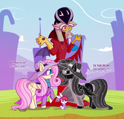 Size: 2340x2235 | Tagged: safe, alternate version, artist:dsp2003, angel bunny, discord, fluttershy, pegasus, pony, dungeons and discords, 2016, angry, crossover, darkwing duck, darkwing shy, duality, gosalyn mallard, morgana, negaduck, open mouth, opposite fluttershy, parody, self ponidox, shrug