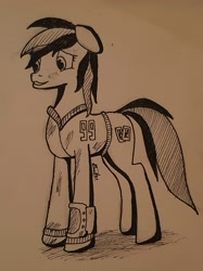 Size: 1711x2283 | Tagged: safe, artist:dyllan faust, derpibooru import, oc, oc only, oc:blackjack, pony, unicorn, fallout equestria, fallout equestria: project horizons, clothes, female, mare, photo, pipbuck, sketch, solo, traditional art, vault suit