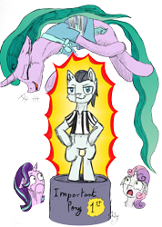 Size: 1458x2048 | Tagged: safe, artist:flynnmlp, artist:shinycyan, derpibooru import, mistmane, silver shill, starlight glimmer, sweetie belle, earth pony, unicorn, colored, galacon 2018, ian james corlett, podium, signature, simple background, transparent background, voice actor joke