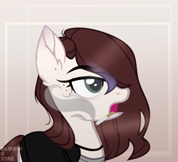 Size: 2160x1962 | Tagged: safe, artist:rerorir, derpibooru import, oc, oc only, oc:cut crease, earth pony, pony, choker, cigarette, clothes, female, freckles, jacket, leather jacket, mare, open mouth, shirt, smoke, smoking, solo, t-shirt