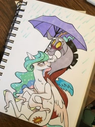 Size: 1280x1707 | Tagged: safe, artist:sunbutt-worshipper, derpibooru import, discord, princess celestia, alicorn, draconequus, pony, armpits, blushing, dislestia, female, hoof fluff, long feather, male, mare, marker drawing, rain, shipping, straight, traditional art, umbrella, unshorn fetlocks