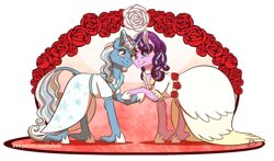 Size: 2200x1296 | Tagged: safe, artist:inuhoshi-to-darkpen, derpibooru import, starlight glimmer, trixie, pony, unicorn, clothes, dress, female, horn, horn ring, horns are touching, leonine tail, lesbian, mare, marriage, ring, shipping, simple background, smiling, startrix, transparent background, unshorn fetlocks, wedding, wedding dress, wedding ring