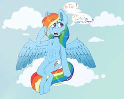 Size: 1280x1024 | Tagged: safe, artist:suautib, derpibooru import, rainbow dash, pegasus, pony, abs, chest fluff, cloud, dialogue, female, implied twilight sparkle, mare, on a cloud, sitting, sky, solo, speech, speech bubble, spread wings, wings