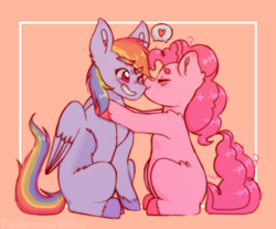 Size: 1000x828 | Tagged: safe, artist:thedefinitionofsad, derpibooru import, pinkie pie, rainbow dash, earth pony, pegasus, pony, blushing, duo, female, folded wings, hooves, kissing, lesbian, mare, pinkiedash, shipping, simple background, sitting, wings