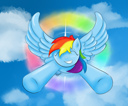 Size: 2683x2236 | Tagged: safe, artist:i-twistedfury-i, derpibooru import, rainbow dash, pegasus, pony, cloud, eyes closed, female, flying, happy, mare, sky, solo, sonic rainboom