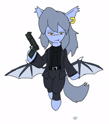 Size: 1802x2048 | Tagged: safe, artist:omegapony16, derpibooru import, oc, oc only, oc:oriponi, bat pony, pony, bat pony oc, bat wings, belt, clothes, ear piercing, earring, female, flying, gun, hoof hold, jewelry, mare, necktie, piercing, signature, simple background, solo, spread wings, suit, weapon, white background, wings