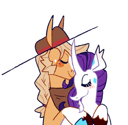 Size: 540x528 | Tagged: safe, artist:goatpaste, derpibooru import, applejack, rarity, classical unicorn, earth pony, pony, unicorn, bandana, beard, blushing, cloven hooves, colored hooves, eyes closed, facial hair, female, hat, hug, lesbian, long ears, mare, rarijack, shipping, simple background, socks (coat marking), unshorn fetlocks, white background