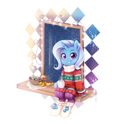 Size: 1125x1148 | Tagged: safe, artist:jumblehorse, trixie, pony, unicorn, basket, boots, candy, clothes, colored pupils, cup, cute, diatrixes, female, food, fruit, grin, hoof hold, hot chocolate, looking at you, mare, simple background, sitting, smiling, snow, snowfall, snowflake, socks, solo, sweater, turtleneck, white background, window, winter outfit