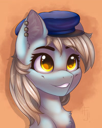 Size: 1635x2048 | Tagged: safe, artist:falafeljake, derpibooru import, oc, oc only, earth pony, pony, chest fluff, hat, smiling, solo