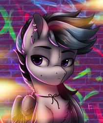 Size: 1600x1900 | Tagged: safe, artist:falafeljake, derpibooru import, oc, oc only, pegasus, pony, brick wall, chest fluff, choker, cute, ear piercing, earring, graffiti, jewelry, lens flare, lidded eyes, male, necklace, piercing, purple eyes, smiling, solo, string