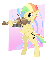 Size: 1850x2220 | Tagged: safe, artist:dyonys, derpibooru import, oc, oc:rainbow sound, earth pony, bow, bowtie, ear piercing, male, multicolored hair, musical instrument, piercing, rainbow hair, stallion, violin