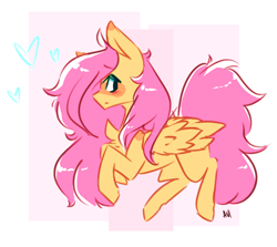 Size: 1124x1001 | Tagged: safe, artist:avimod, fluttershy, pegasus, pony, abstract background, blushing, chest fluff, female, folded wings, heart, long hair, looking back, mare, profile, sidemouth, solo, wings