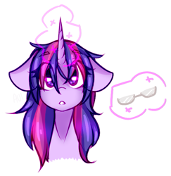 Size: 505x519 | Tagged: safe, artist:avimod, twilight sparkle, pony, alternate hairstyle, bust, eye clipping through hair, female, floppy ears, glasses, glowing horn, horn, looking at you, magic, mare, simple background, solo, telekinesis, white background