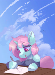 Size: 2750x3750 | Tagged: safe, artist:ardail, derpibooru import, oc, oc only, oc:scoops, pony, unicorn, cloud, coat markings, drawing, female, freckles, mare, solo, table, tongue out, unshorn fetlocks