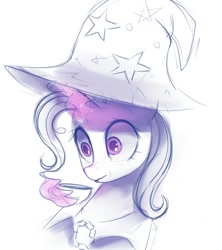 Size: 780x880 | Tagged: safe, artist:some_ponu, derpibooru import, trixie, pony, unicorn, bust, cape, clothes, cup, female, hat, levitation, magic, magic aura, mare, monochrome, simple background, solo, teacup, telekinesis, trixie's cape, trixie's hat, white background, wide eyes