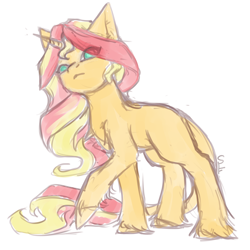 Size: 1000x1000 | Tagged: safe, artist:flysouldragon, derpibooru exclusive, derpibooru import, sunset shimmer, pony, unicorn, alternate design, leonine tail, sketch, solo, unshorn fetlocks