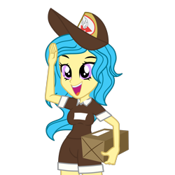 Size: 4000x4000 | Tagged: safe, artist:cloppy hooves, oc, oc only, oc:sky lane, human, equestria girls, blue hair, box, equestria girls oc, long hair, mailmare hat, mailmare uniform, shorts, show accurate, smiling, solo, transparent background, vector